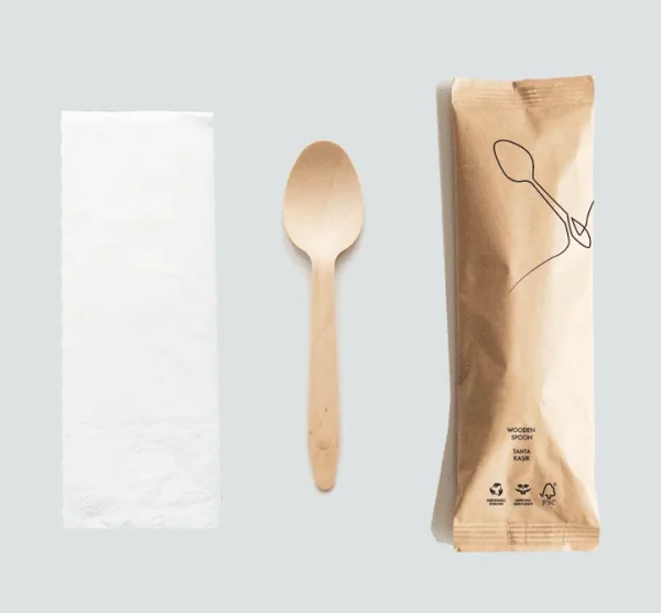 Kraft Ambalajlı Ahşap Kaşık ve Peçete İkram Seti (10'lu Paket)